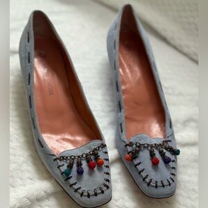 L'Autre Chose Kitten Heel Slip-On Loafer Pump, Blue Suede Beads Chain Trim